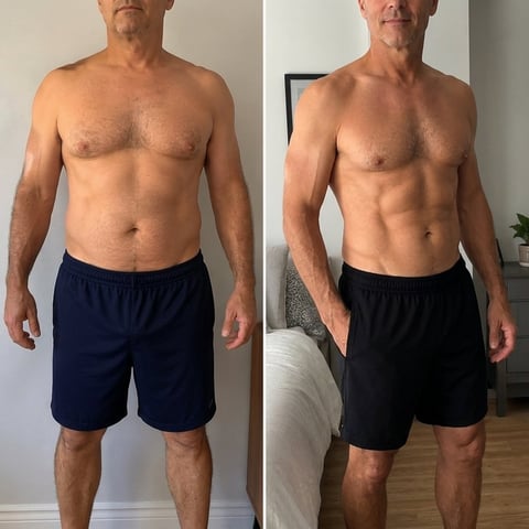 Before and after fitness transformation showing shirtless man with improved muscle definition and reduced body fat