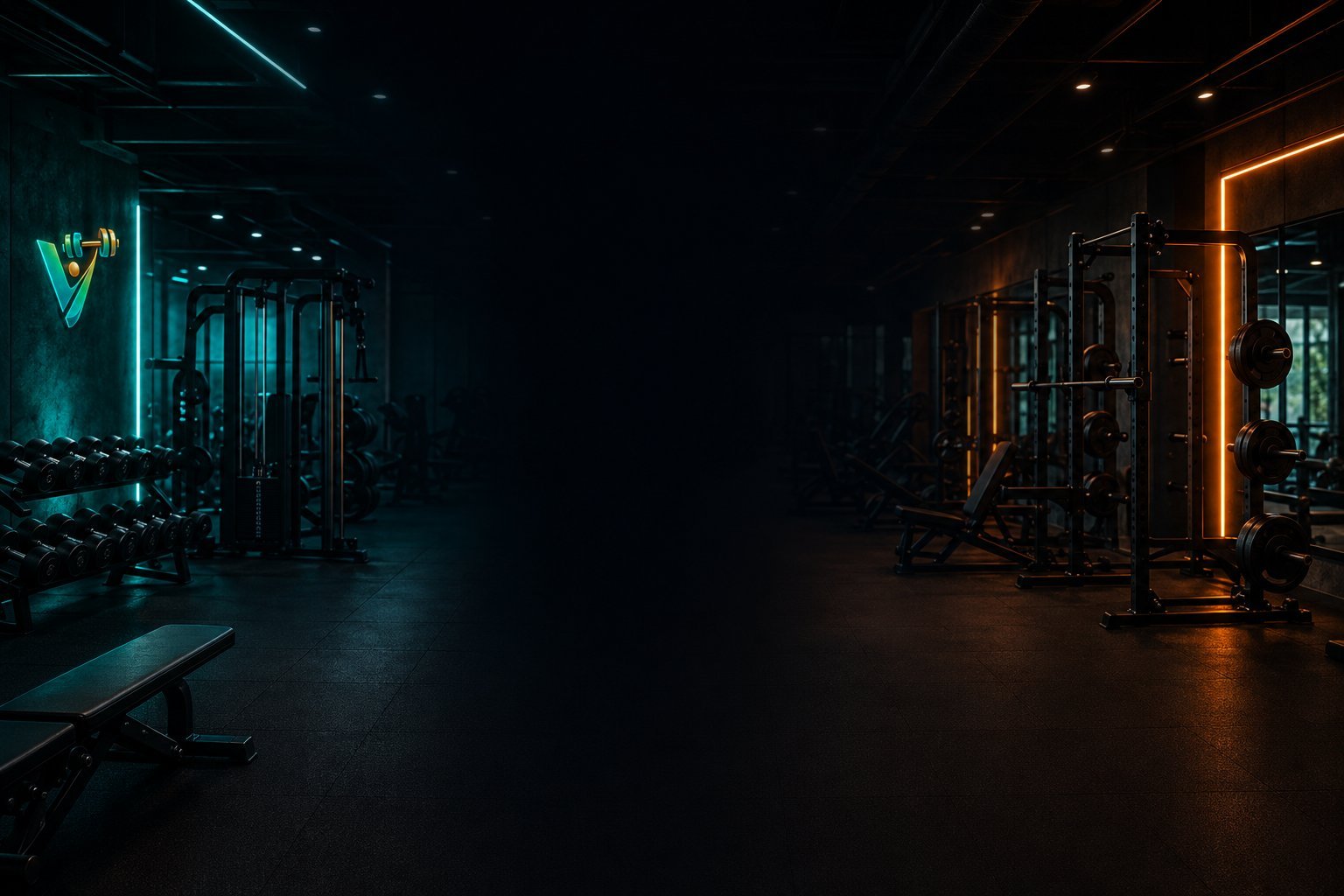 Modern gym interior with neon cyan and orange lighting, weight machines, and benches on dark flooring