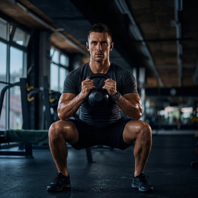 Man performing a kettlebell squat exercise in a modern gym with large windows and industrial ceiling