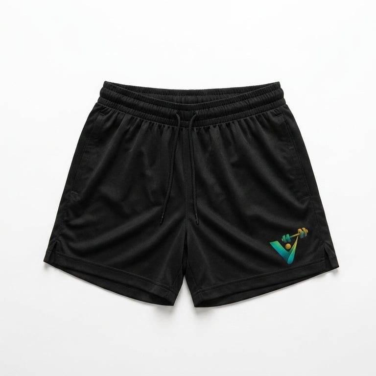 Black athletic shorts with elastic waistband and small embroidered graphic on right leg