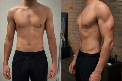 Two side-by-side photos of a shirtless man showing muscular physique from front and side angles, wearing black pants