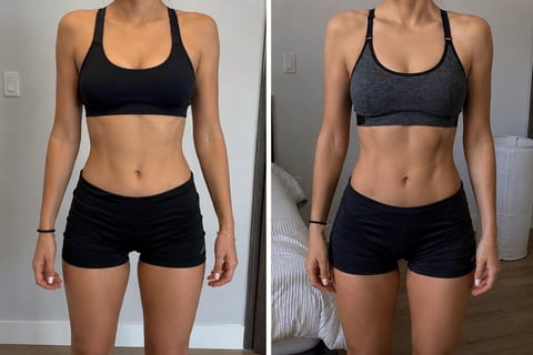 Side-by-side comparison of woman in athletic wear showing fitness progress, wearing sports bra and shorts