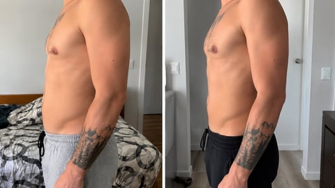 Side-by-side comparison of a shirtless man with tattoos on arms showing body changes or fitness progress