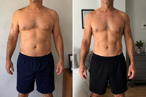 Before and after comparison of a shirtless man showing fitness results, standing in shorts against neutral indoor backgrounds