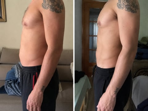 Side-by-side comparison photos of a shirtless man with shoulder tattoo, showing torso and arms in different indoor settings