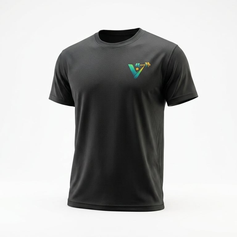 Black short-sleeve t-shirt with small colorful logo on chest
