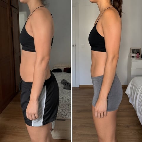 Side-by-side before and after photos of a woman showing body transformation progress