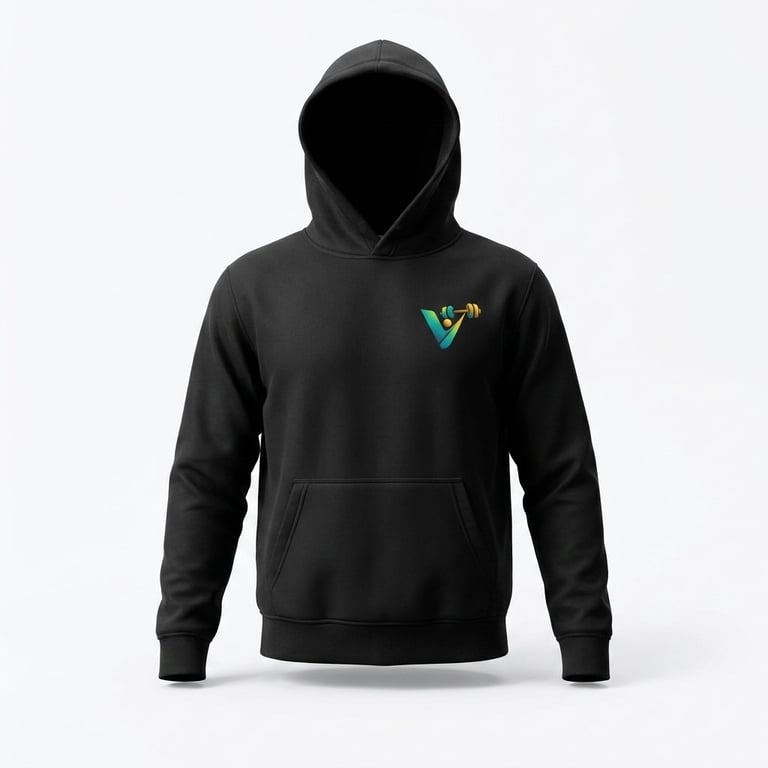 Black hoodie with teal and gold checkmark logo on chest, displayed on mannequin against white background