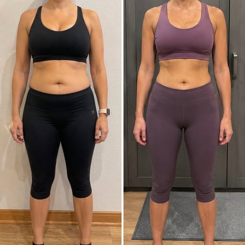 Side-by-side comparison of a woman in black athletic wear and purple athletic wear showing fitness results