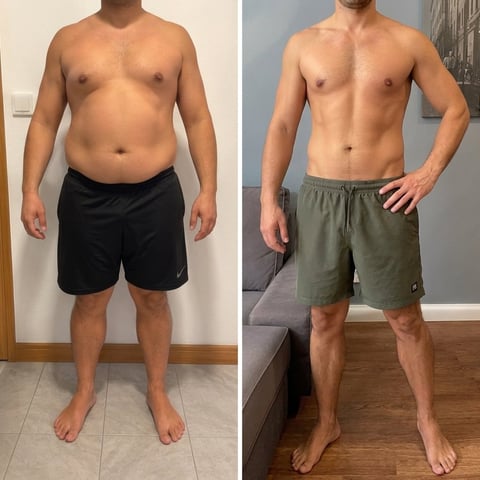 Before and after body transformation comparison showing male torso and physique changes