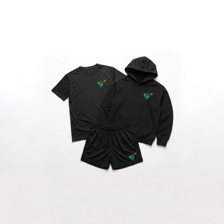 Three black clothing items with green logo: t-shirt, hoodie, and shorts displayed on white background